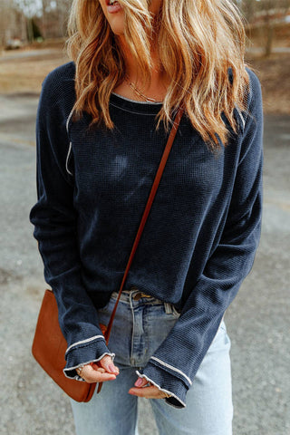 Womens Waffle Knit Long Sleeve Top Casual Crew Neck Tee