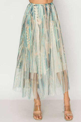 Chic Lined Pleated Tulle Midi Skirt With Elastic Waist